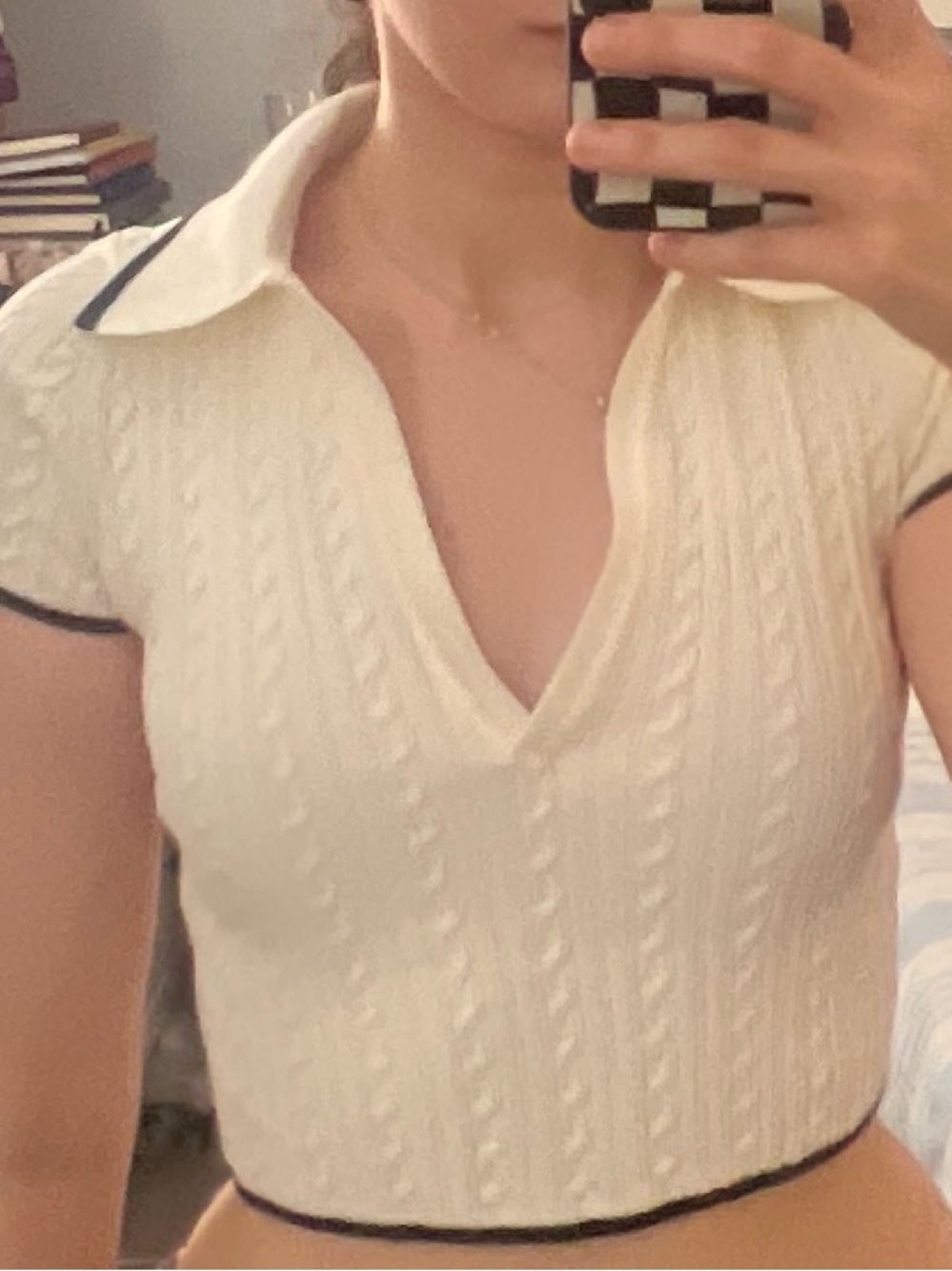Bershka Cream Cable-Knit Polo Crop Top with Black Trim
